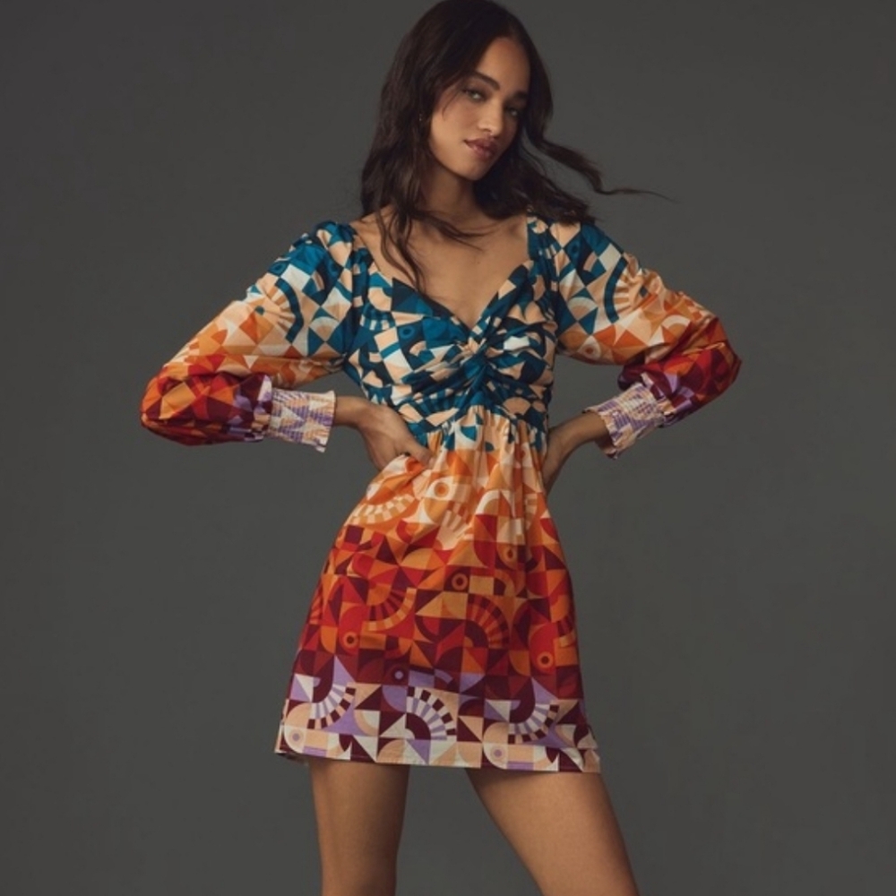 FARM Rio Colorful Long‎ Sleeve Printed Babydoll Mini Dress
